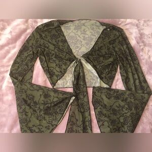 Forest Green Floral Tie-Front Bell Sleeve Top -90s- whimsigoth-fairycore-witchy